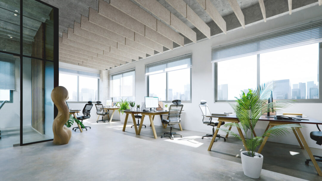 Modern,Office,Interior,With,Exposed,Concrete,Ceiling,And,Floor.,3d