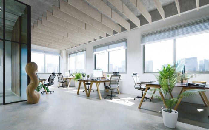 Modern,Office,Interior,With,Exposed,Concrete,Ceiling,And,Floor.,3d